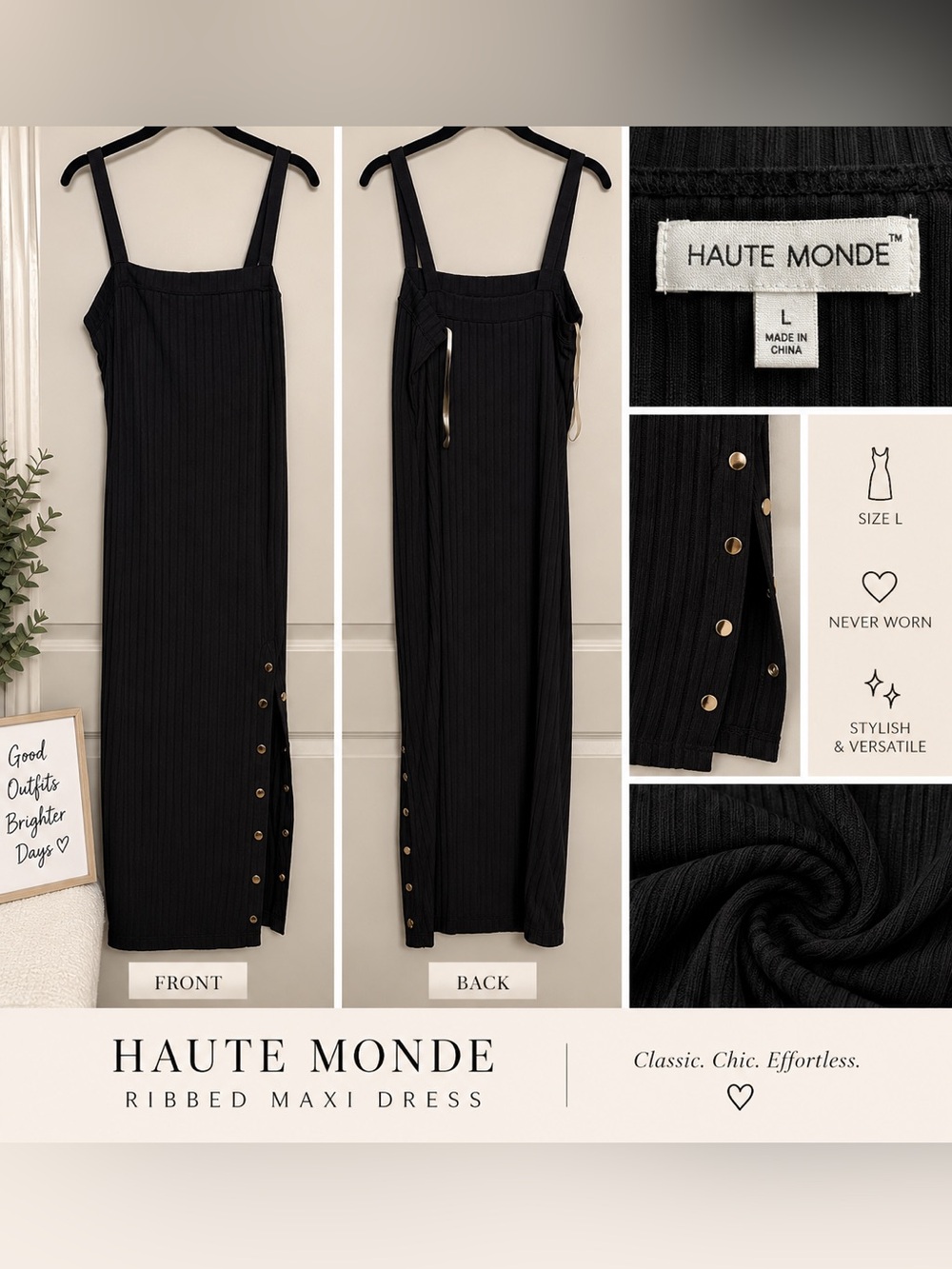 Haute Monde Black Ribbed Maxi Dress with Side Snap Buttons